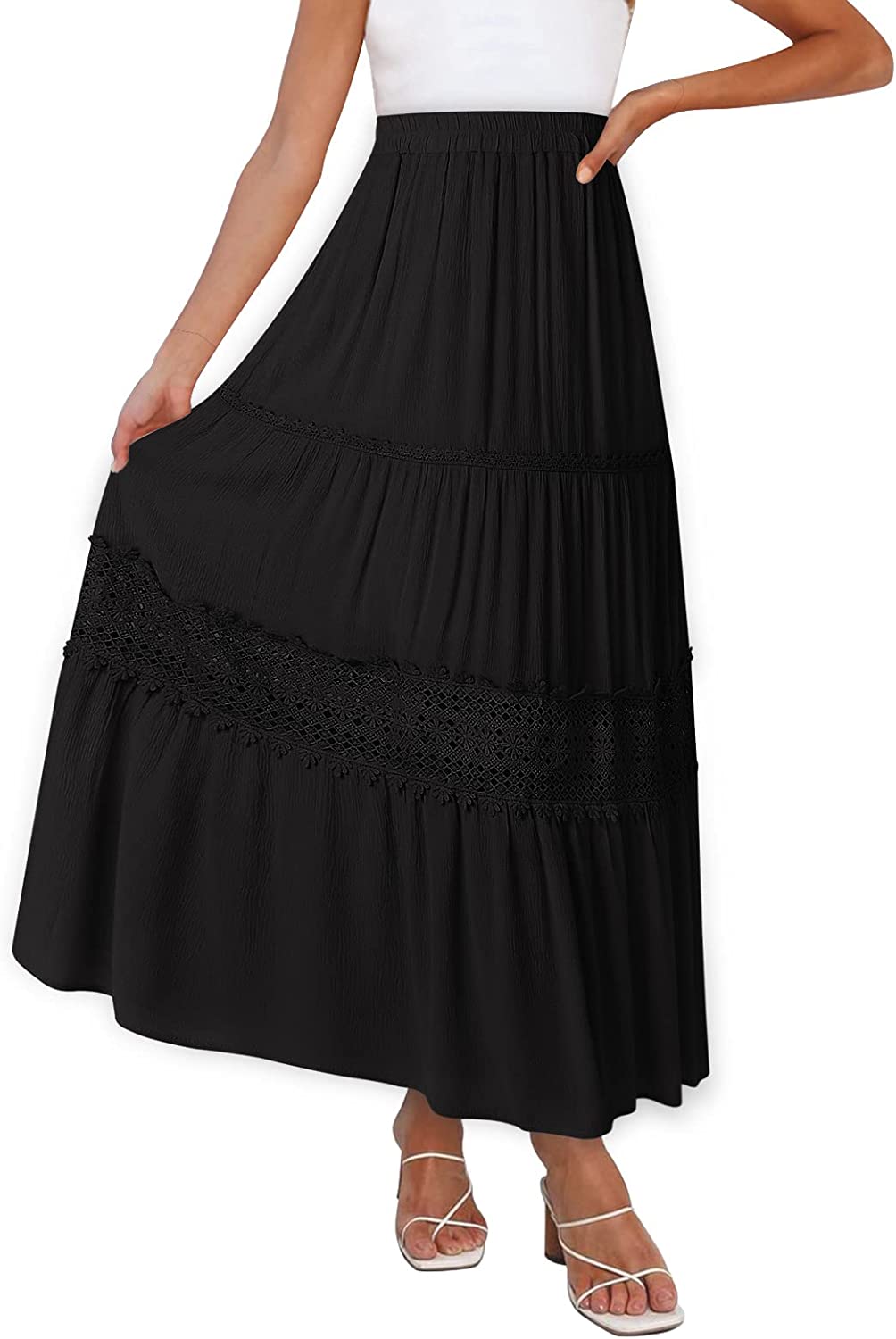 Women's Boho Elastic High Waist Pleated A-line Ruffle Lace Trim Tiered Midi Maxi Skirt with Pockets