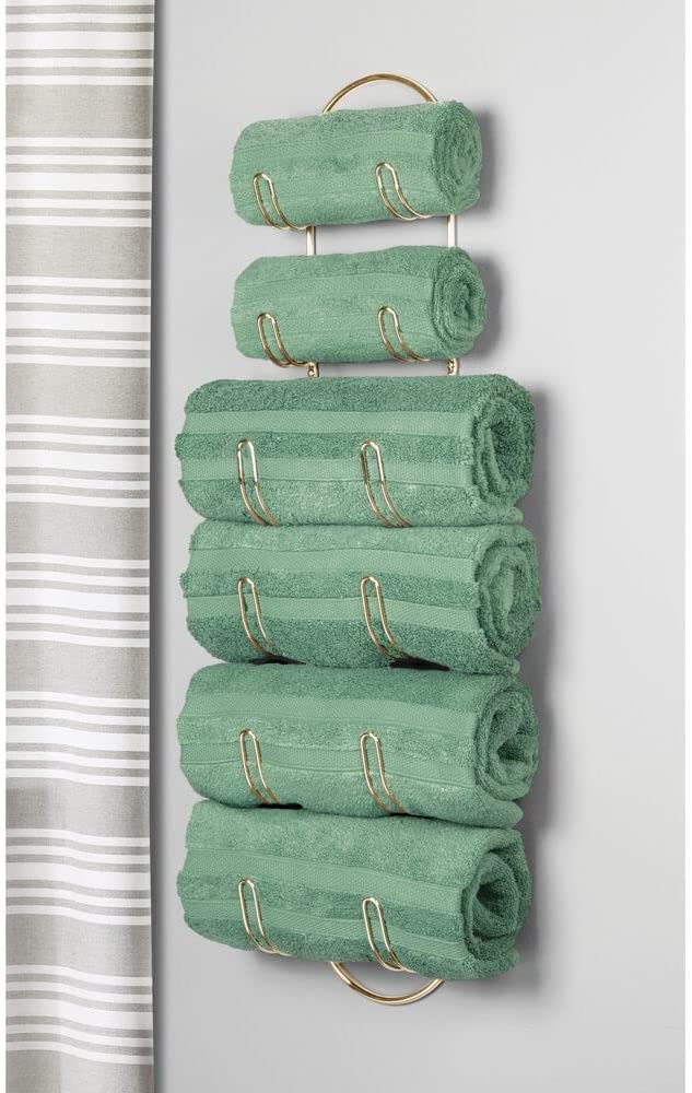 mDesign Steel Wall Mount Towel Rack with 6 Compartments - Towel Holder and Towel Storage Shelf Organizer for Bathroom, Powder Room - Concerto Collection - 2 Pack - Soft Brass