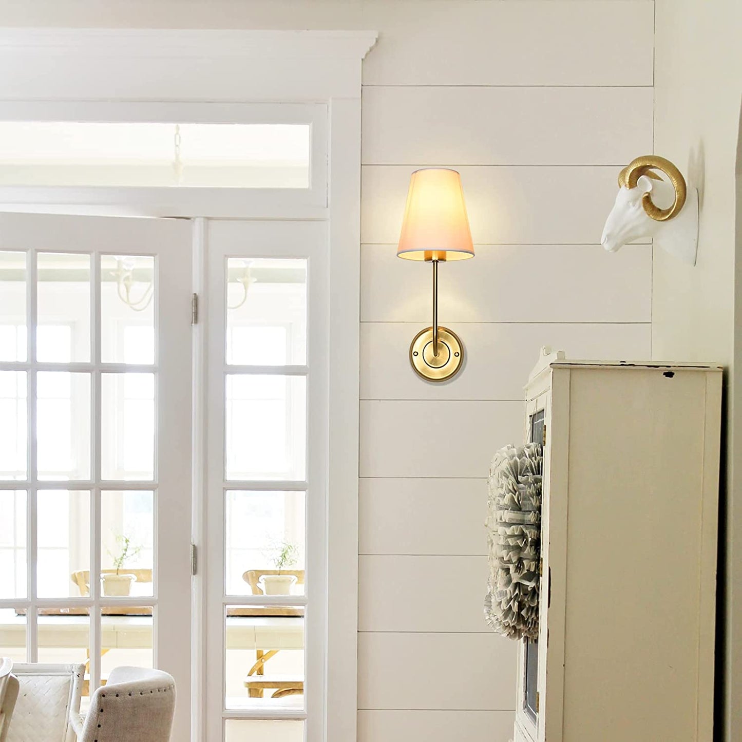 Wall Sconce Light Fixture Indoor Modern Sconces Wall Lighting Set of 2 with Flared White Fabric Shade Gold Vintage Industrial Wall Sconce Light for Bathroom Living Room Bedrooms Bedside Reading