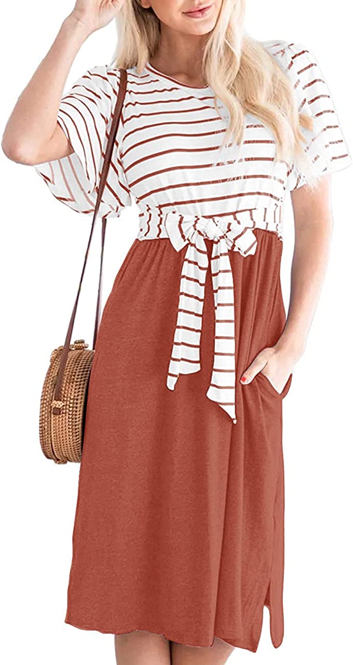 Women's Summer Striped Ruffle Sleeves Tie Waist Pockets Casual Swing Midi Dress
