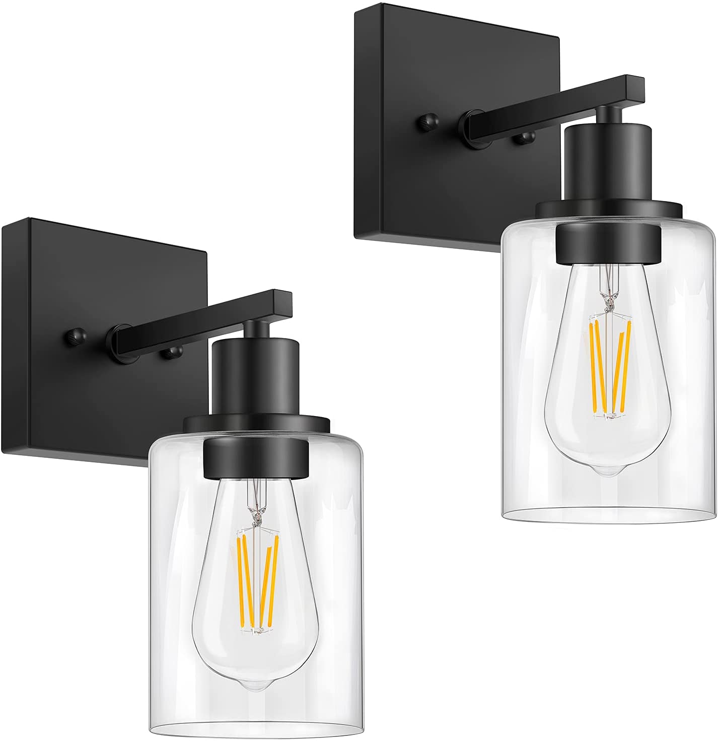 Sconces Set of 2, Matte Black Vanity Lights for Bathroom, Modern Wall Light Fixtures, Metal Sconces Wall Lighting with Clear Glass Shade, Farmhouse Wall Lamp for Bedroom Mirror Living Room