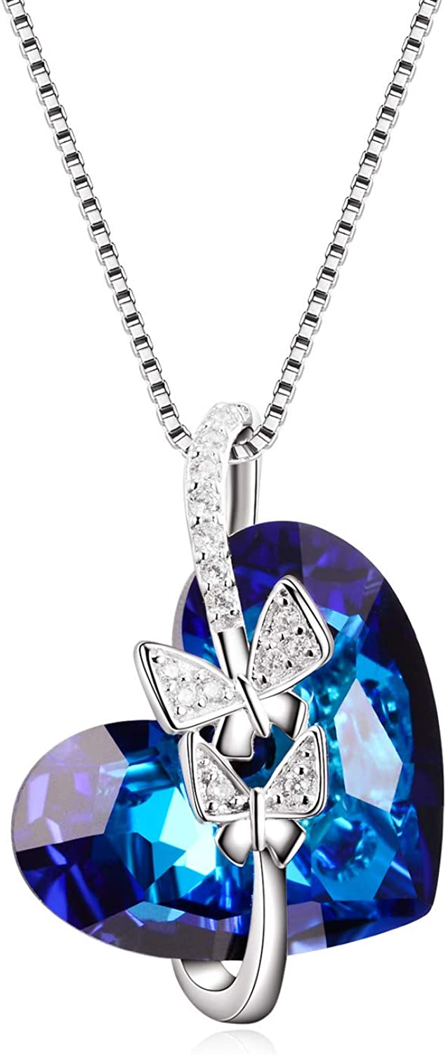 Sterling Silver Rose Flower Butterfly Necklaces for Women with Swarovski Crystals, Jewelry Gift for Wife Girlfriend