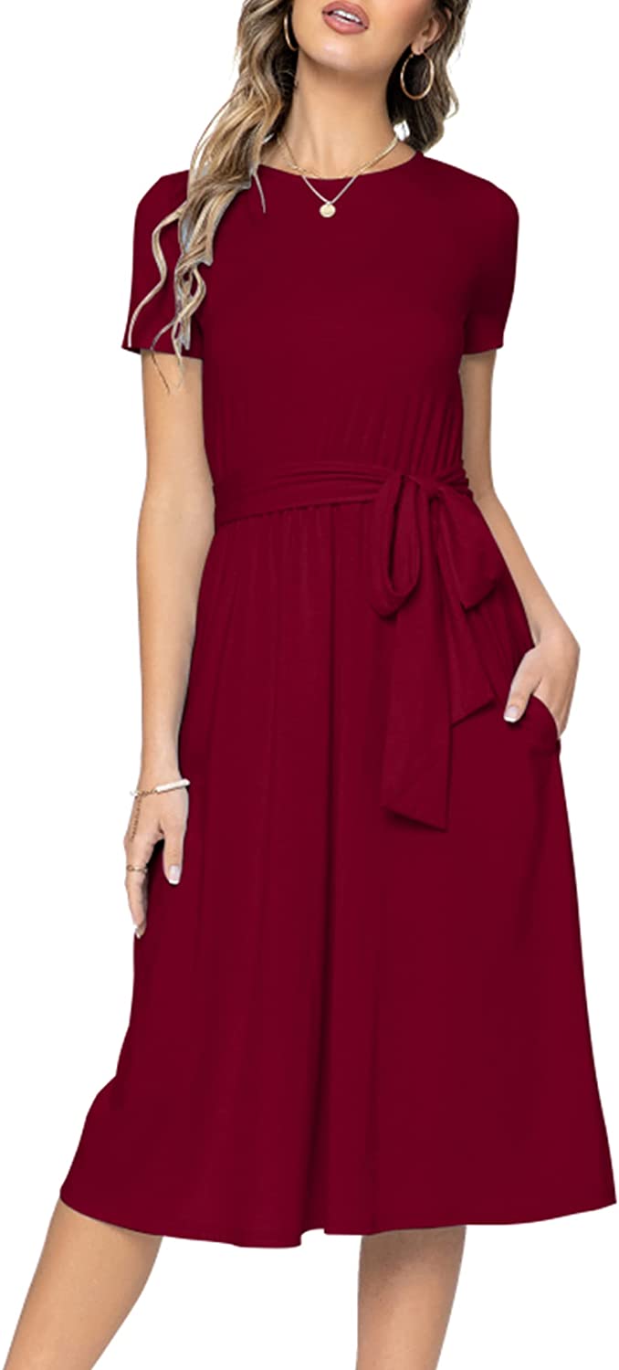 Women's Short Sleeve Striped Casual Flowy Midi Belt Dress with Pockets