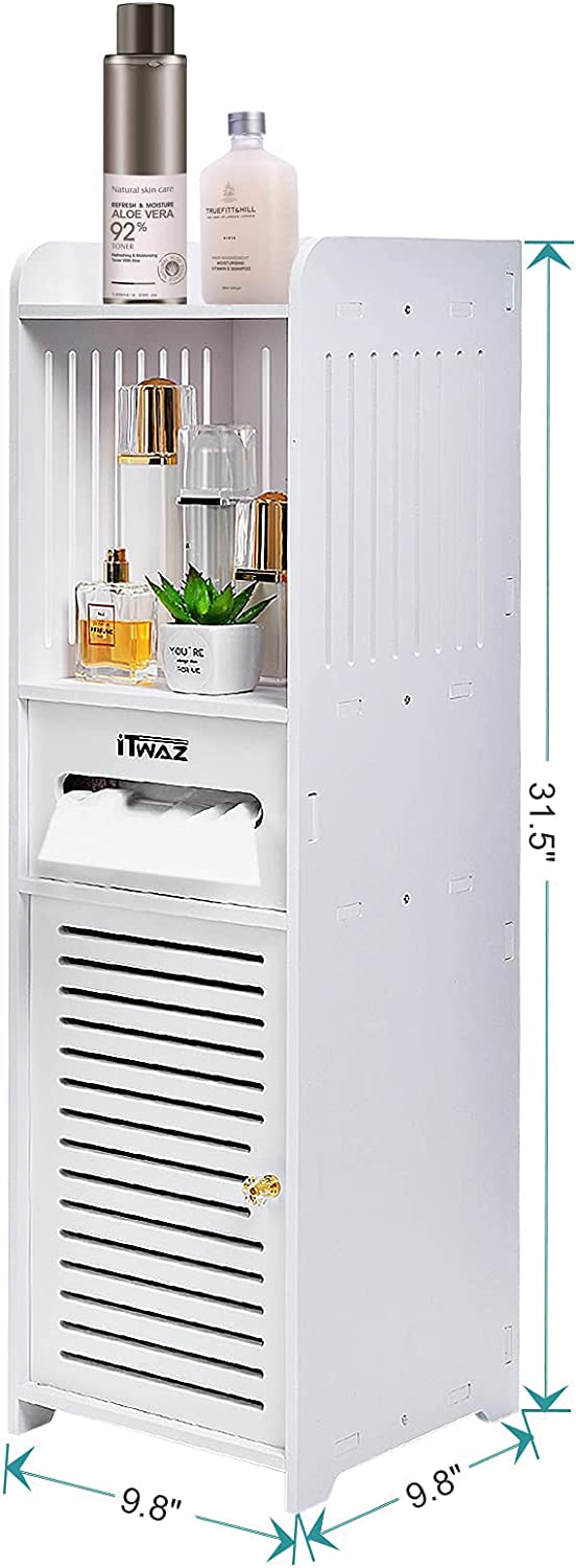 Multipurpose Bathroom Standing Cabinet with Single Door and 3-Layer, Free-Standing Shelves for Living Room Bathroom Storage Cabinet,9.8" Lx9.8 Wx31.5 H White B