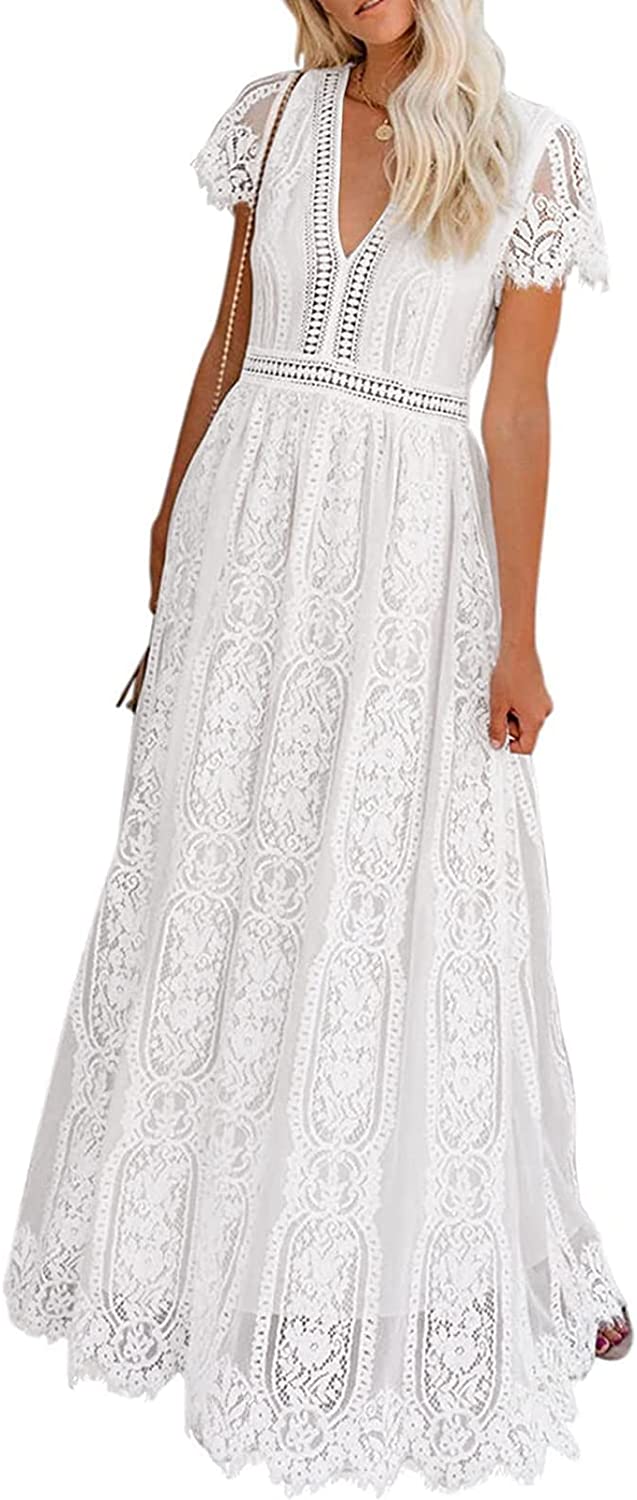 Women's V Neck Short Sleeve Floral Lace Wedding Dress Bridesmaid Cocktail Party Maxi Dress