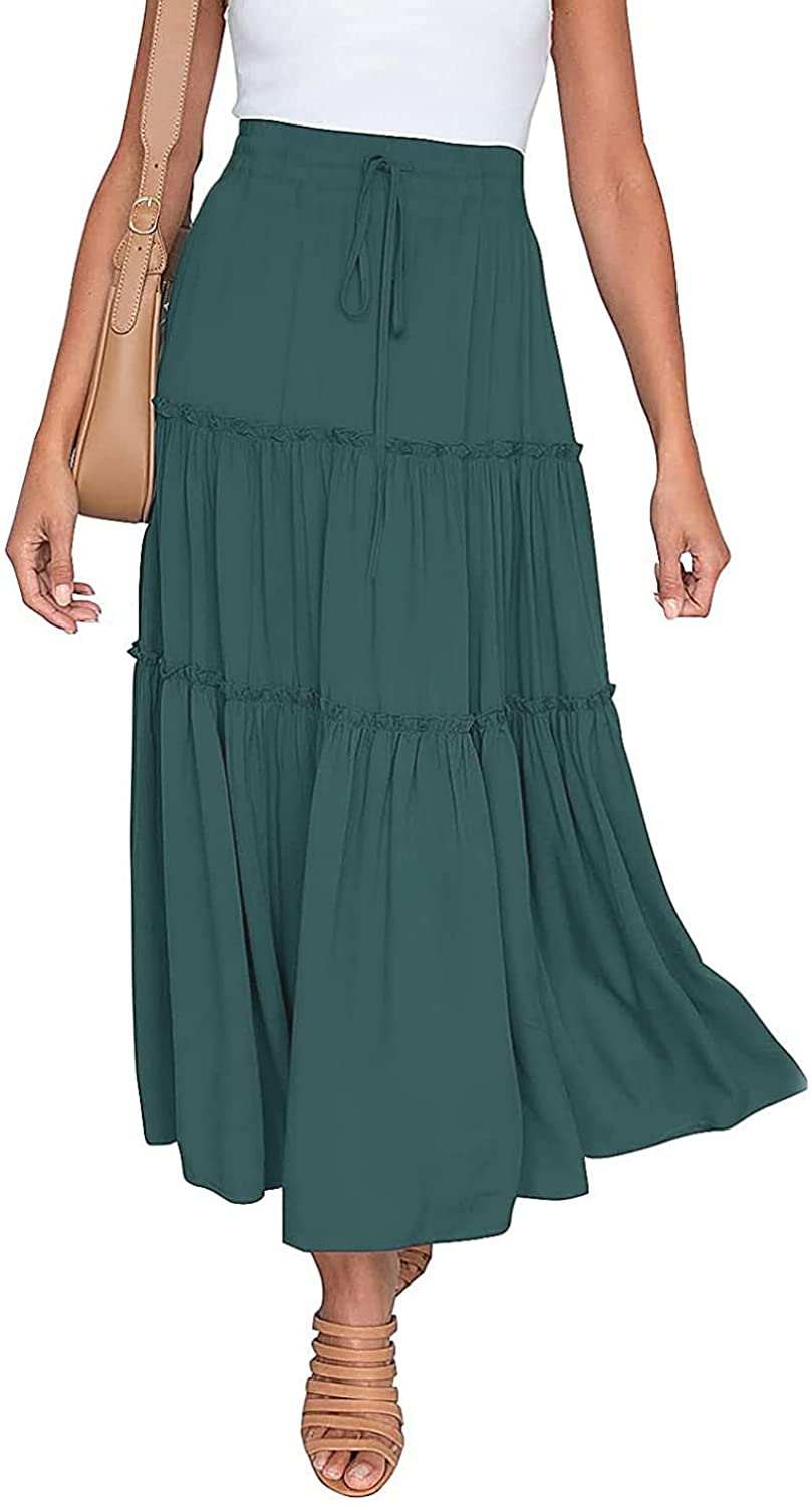 Women's Boho Elastic High Waist A Line Ruffle Swing Beach Maxi Skirt with Pockets
