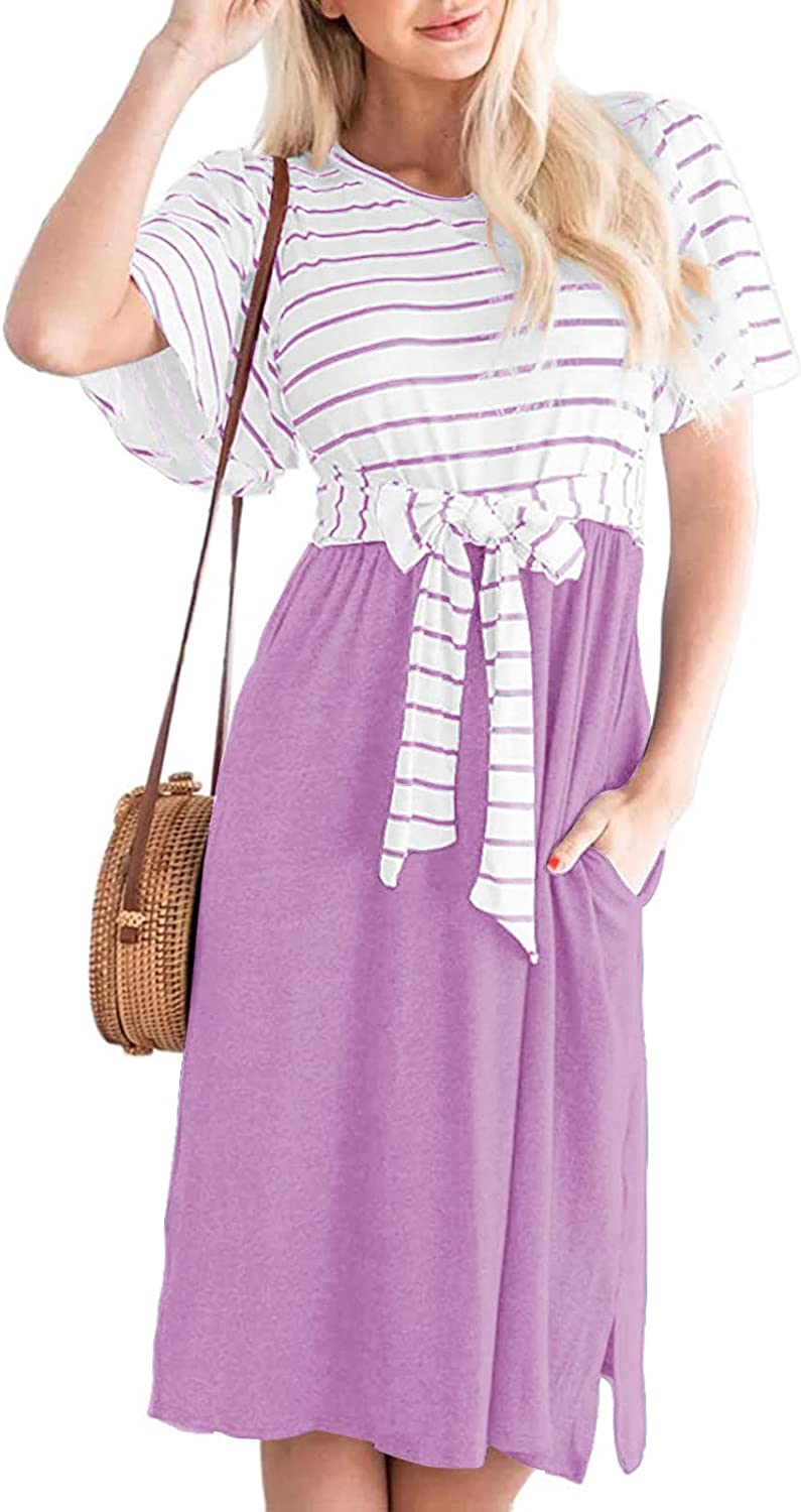 Women's Summer Striped Ruffle Sleeves Tie Waist Pockets Casual Swing Midi Dress