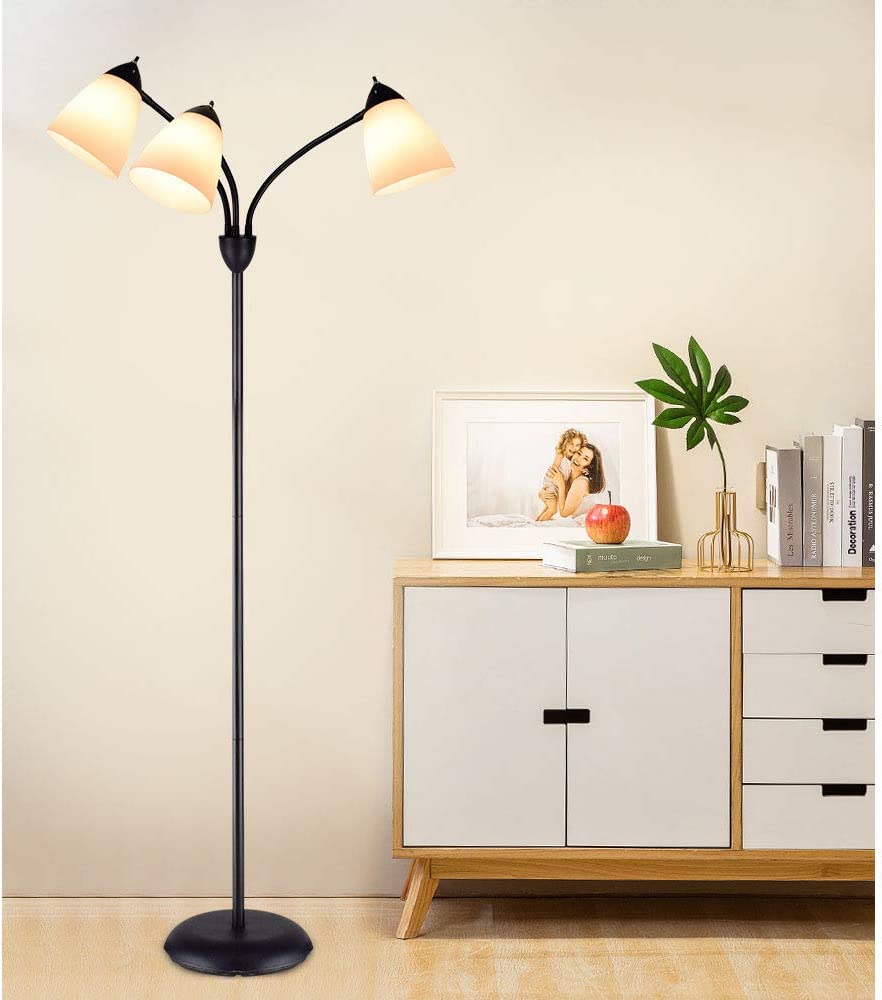 Modern Reading Floor Lamp, 3-Light with Adjustable Flexible Gooseneck Tree Standing Lamp for Living Room, Bedroom, Study Room, Office -Black Metal White Shades, E26 Base