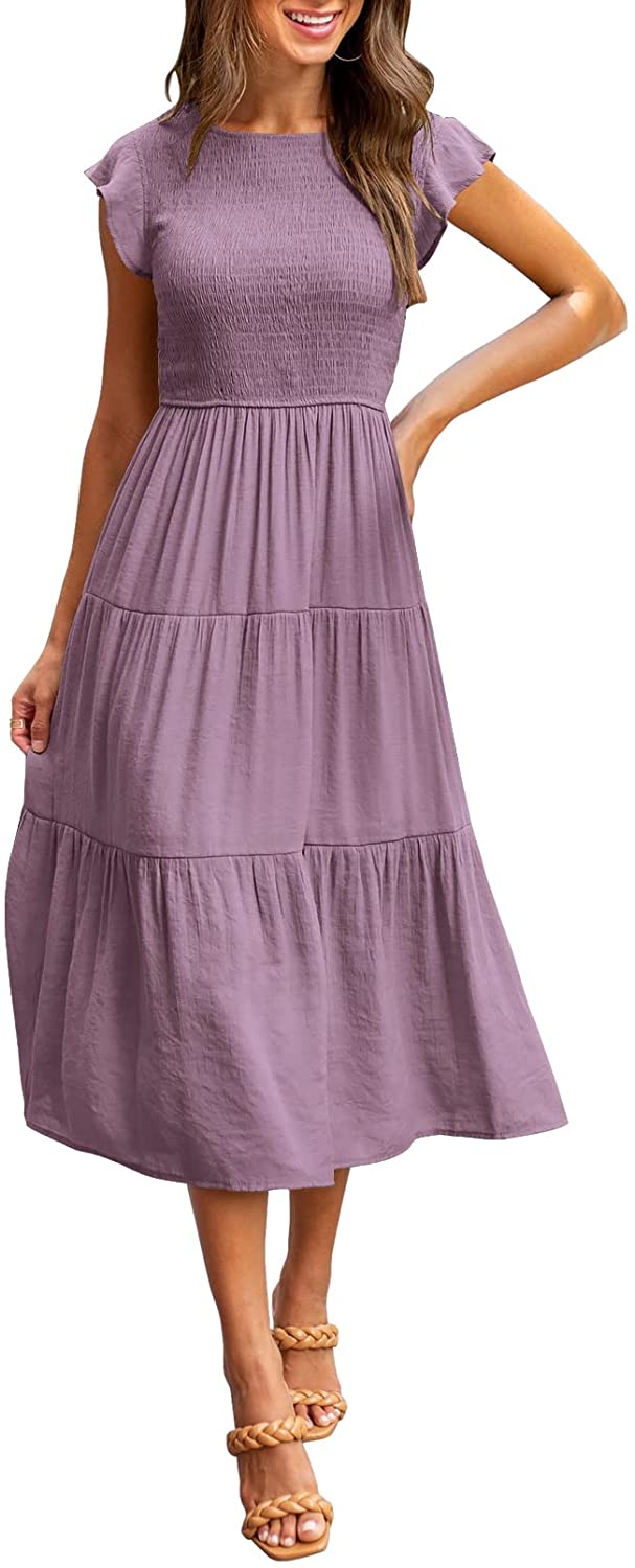 Women's Summer Casual Midi Maxi Dress Boho Flutter Sleeve Smocked A-Line Long Dress
