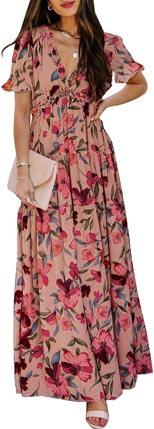 Womens Casual Floral Deep V Neck Long Sleeve Long Evening Dress Cocktail Party Maxi Wedding Dresses
