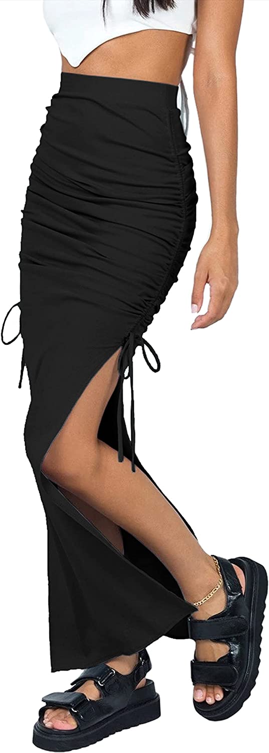 Women's Sexy High Waist Split Midi Skirts Adjust Drawstring Side Maxi Skirts