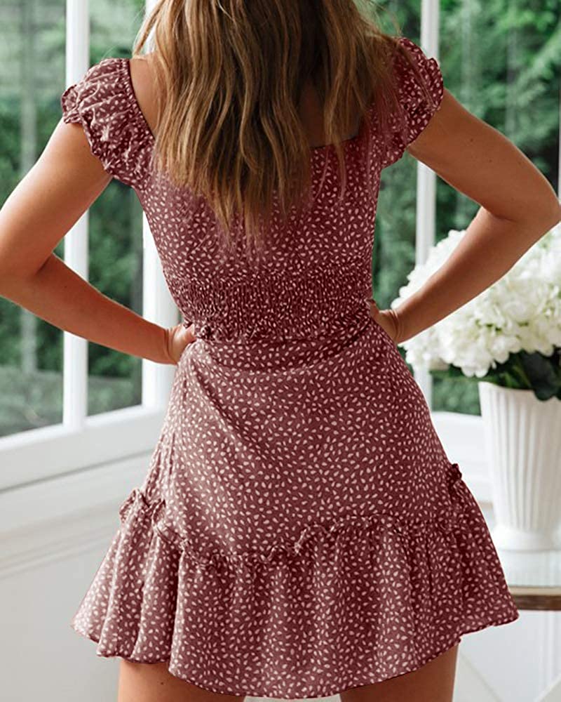Women's Summer Ruffle Sleeve Sweetheart Neckline Printing Dress Mini Dress