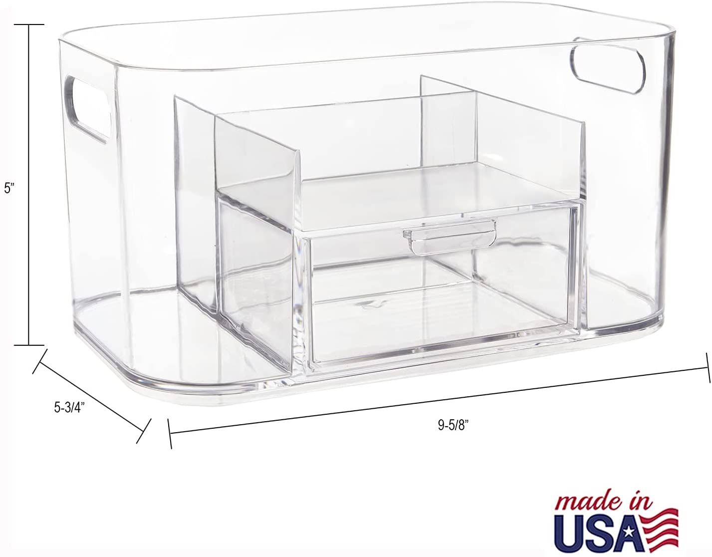 Bliss 4-Compartment Clear Plastic Organizer with Small Accessory Drawer | Rectangular Vanity Storage Bin with Pass-Through Handles | Round Corner Design | Made in USA
