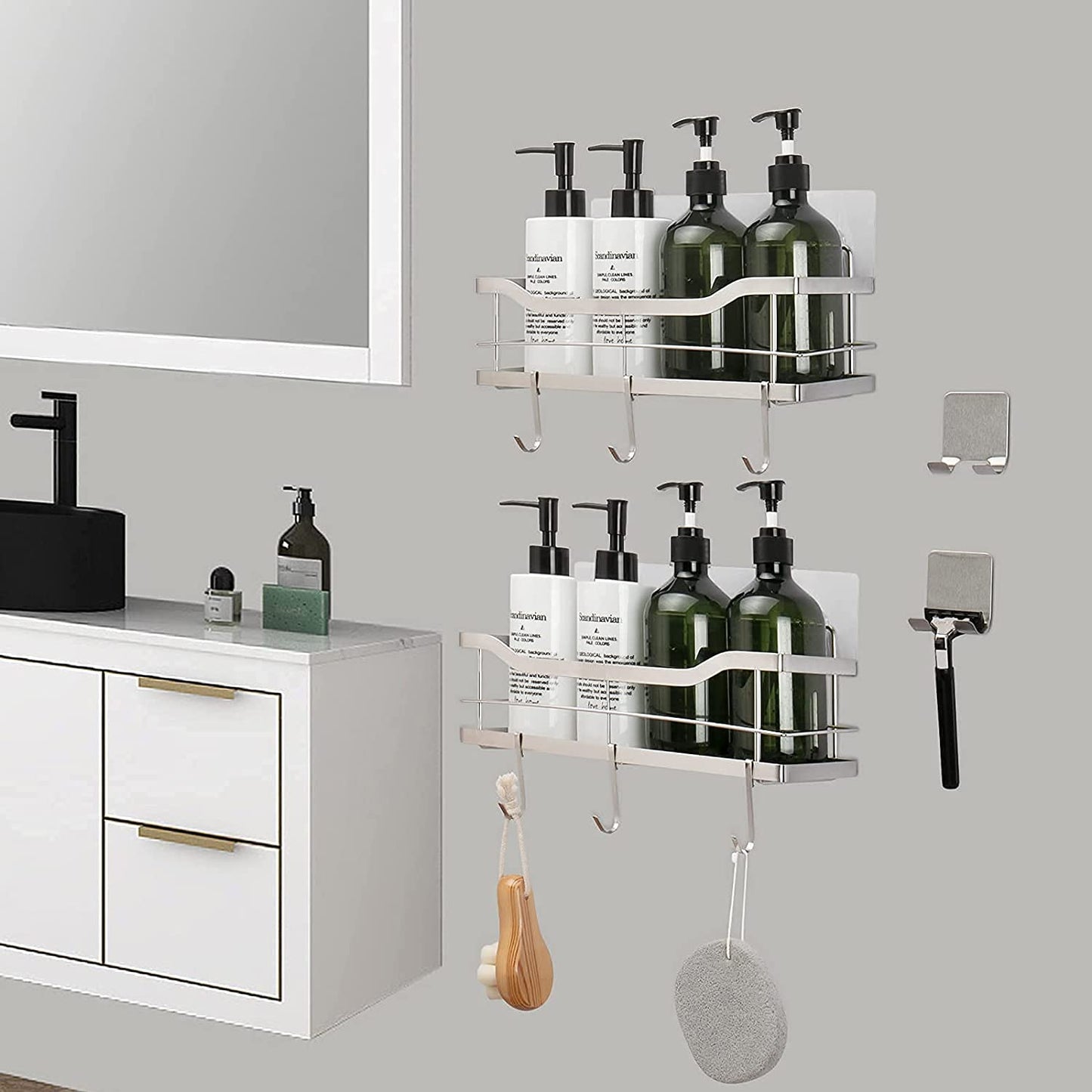NearMoon Adhesive Shower Caddy Basket Shelf with Hooks, No Drilling Bathroom Organizer Shelf, SUS 304 Stainless Steel 2-in-1 Kitchen Spice Racks- Wall Mounted Storage Basket, 2 Pack (Brushed Nickel)