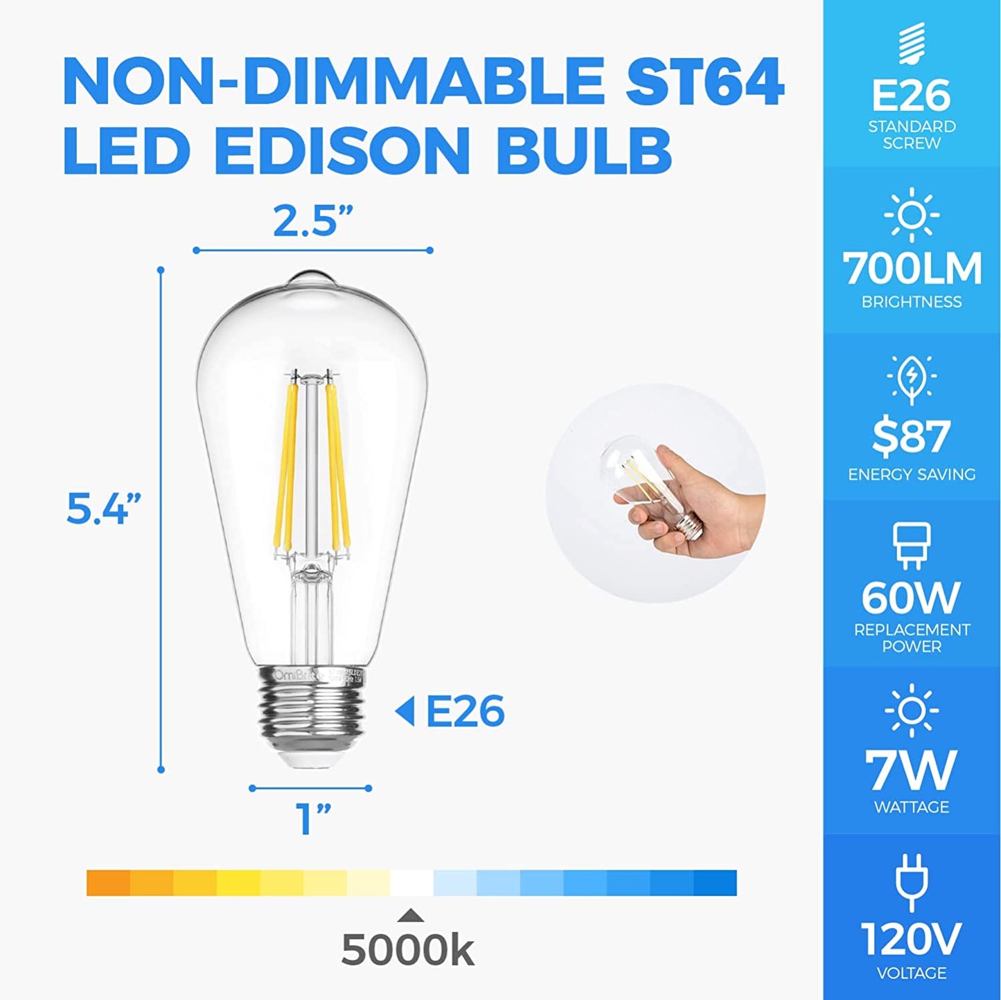 OmiBrite Edison Led Light Bulbs, Vintage Bright Light Bulbs 60 Watt Equivalent, Non-dimmable Incandescent Daylight Bulbs, Bright Daylight 5000K, CRI 90 Eye Protection, E26/E27 Base, ST64 (6 Pack)