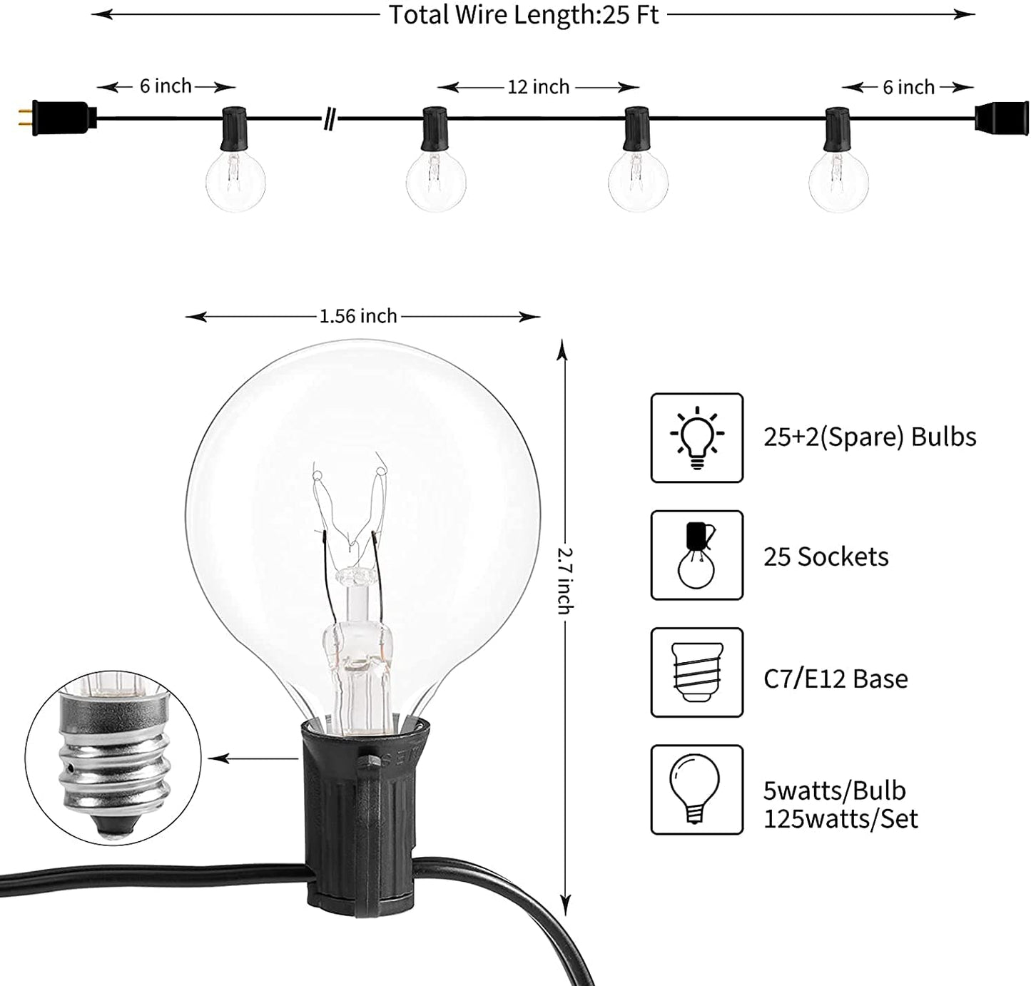 Outdoor String Lights 25 Feet G40 Globe Patio Lights with 27 Edison Glass Bulbs(2 Spare), Waterproof Connectable Hanging Light for Backyard Porch Balcony Party Decor, E12 Socket Base,Black