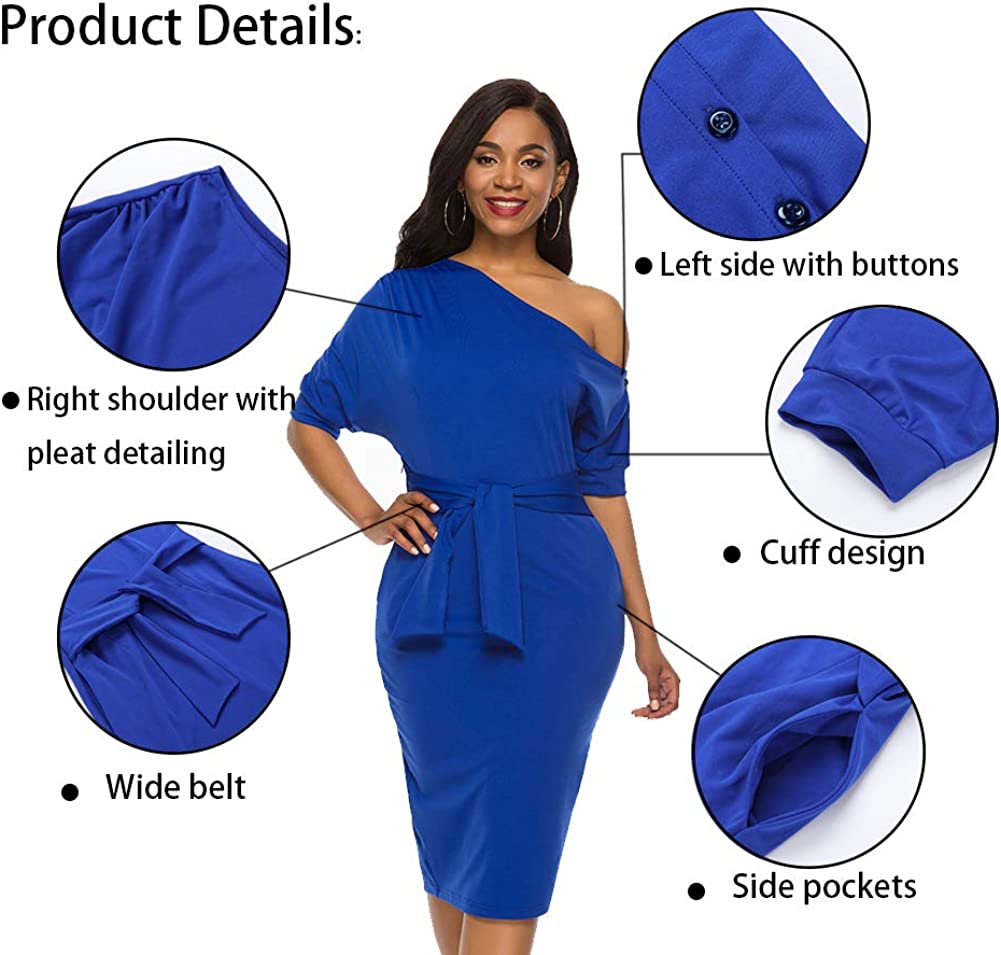 Womens Wear to Work Casual one Shoulder Belted Pencil Dress with Pockets
