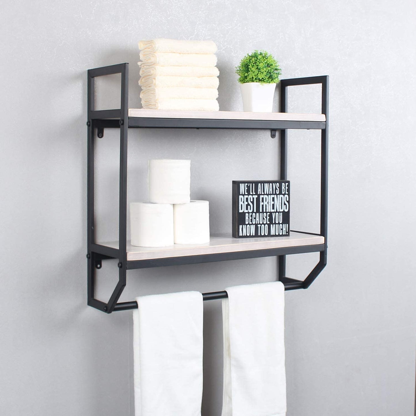 2-Tier Metal Industrial 23.6" Bathroom Shelves Wall Mounted,Rustic Wall Shelf Over Toilet,Towel Rack with Towel Bar,Utility Storage Shelf Rack,Floating Shelves Towel Holder,Black