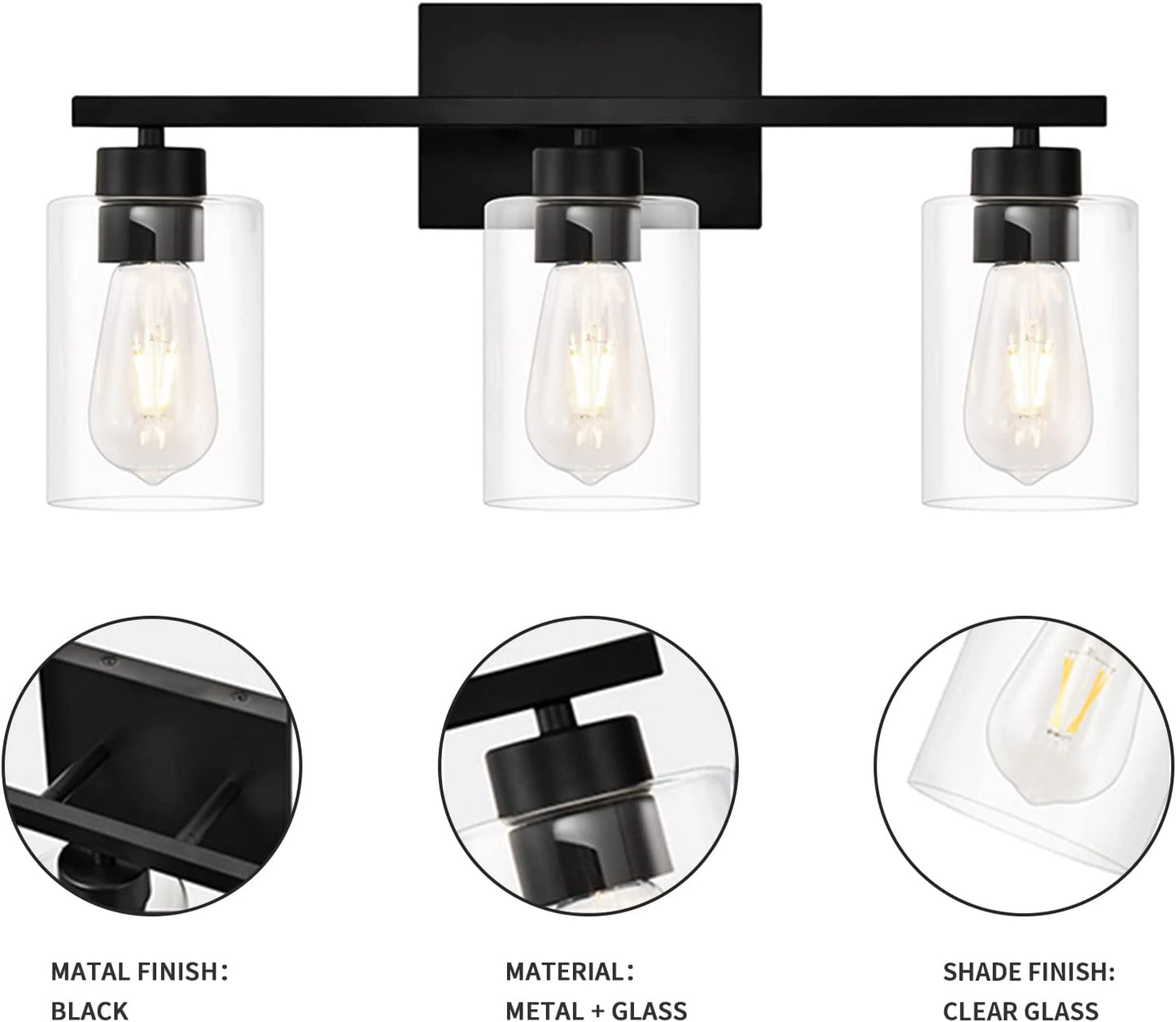 3 Light Bathroom Light Fixtures, Modern Black Wall Sconce Vanity Light Fixtures with Clear Shade for Bathroom Kitchen Bedroom Lighting
