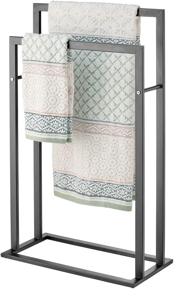 mDesign Metal Tall 2-Tier Free-Standing Towel Rack Holder for Bathroom Storage and Organization, Floor Stand Holds Bath, Hand Towels; Great for Guest, Half, Kids' Bathrooms - Chrome