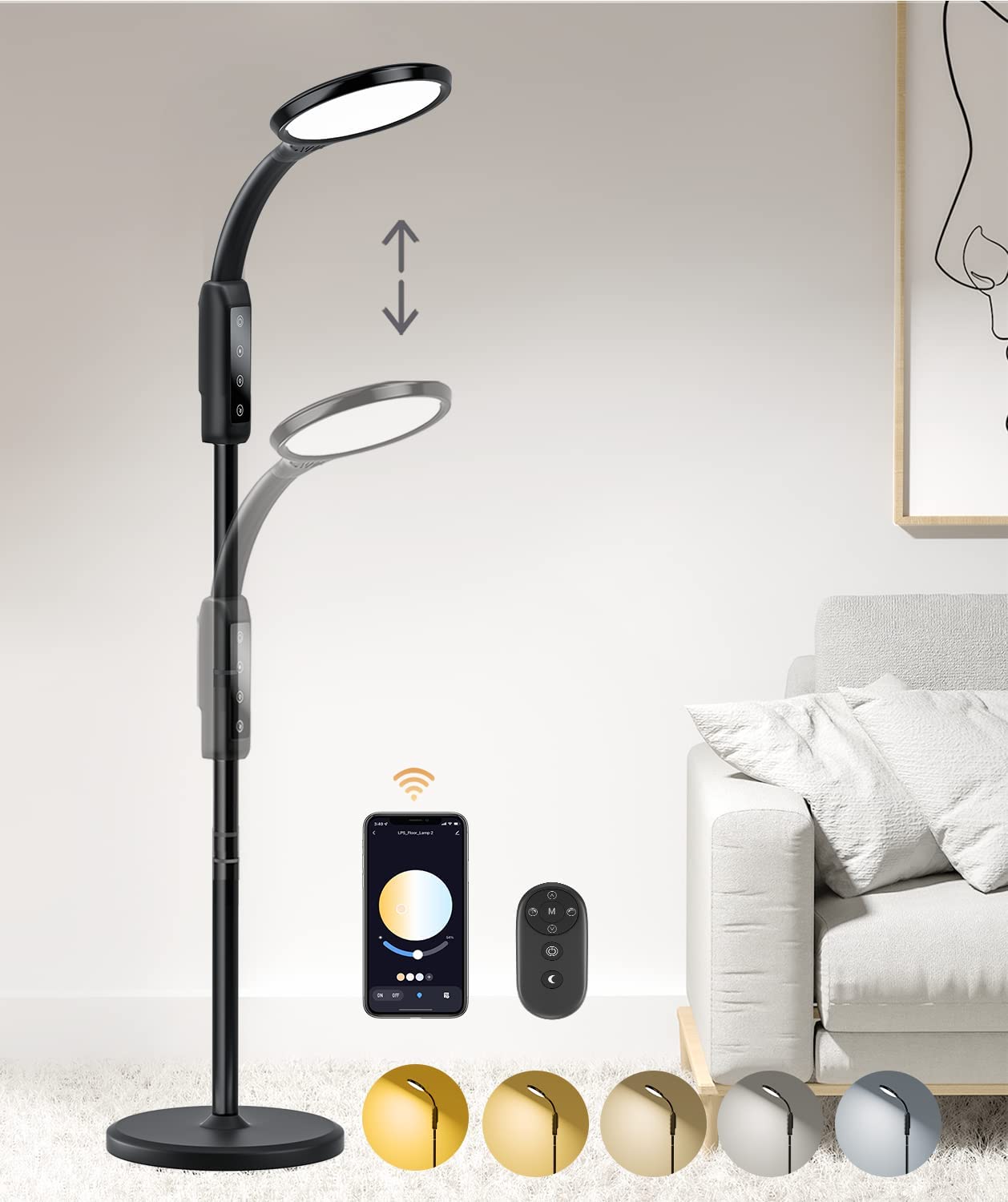 Floor Lamp for Living Room, Standing Lamp with Adjustable Brightness Flexible Gooseneck, Smart Lamp Remote App Control, Rechargeable Battery Operated Outdoor Lamp, Work Light for Reading, Crafts