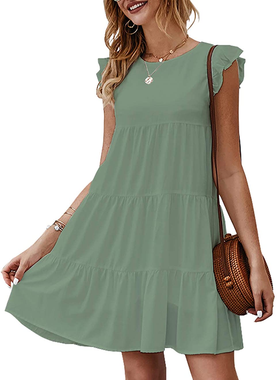 Women’s Summer Dress Sleeveless Ruffle Sleeve Round Neck Mini Dress Solid Color Loose Fit Short Flowy Pleated Dress