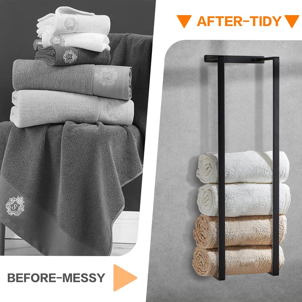 Towel Racks for Bathroom, Wall Mounted Bath Towel Holder, Drilling & Adhesive No Drilling Stainless Steel Bathroom Organization Towel Shelf Holder for Washcloths Hand or Bath Towels, Black