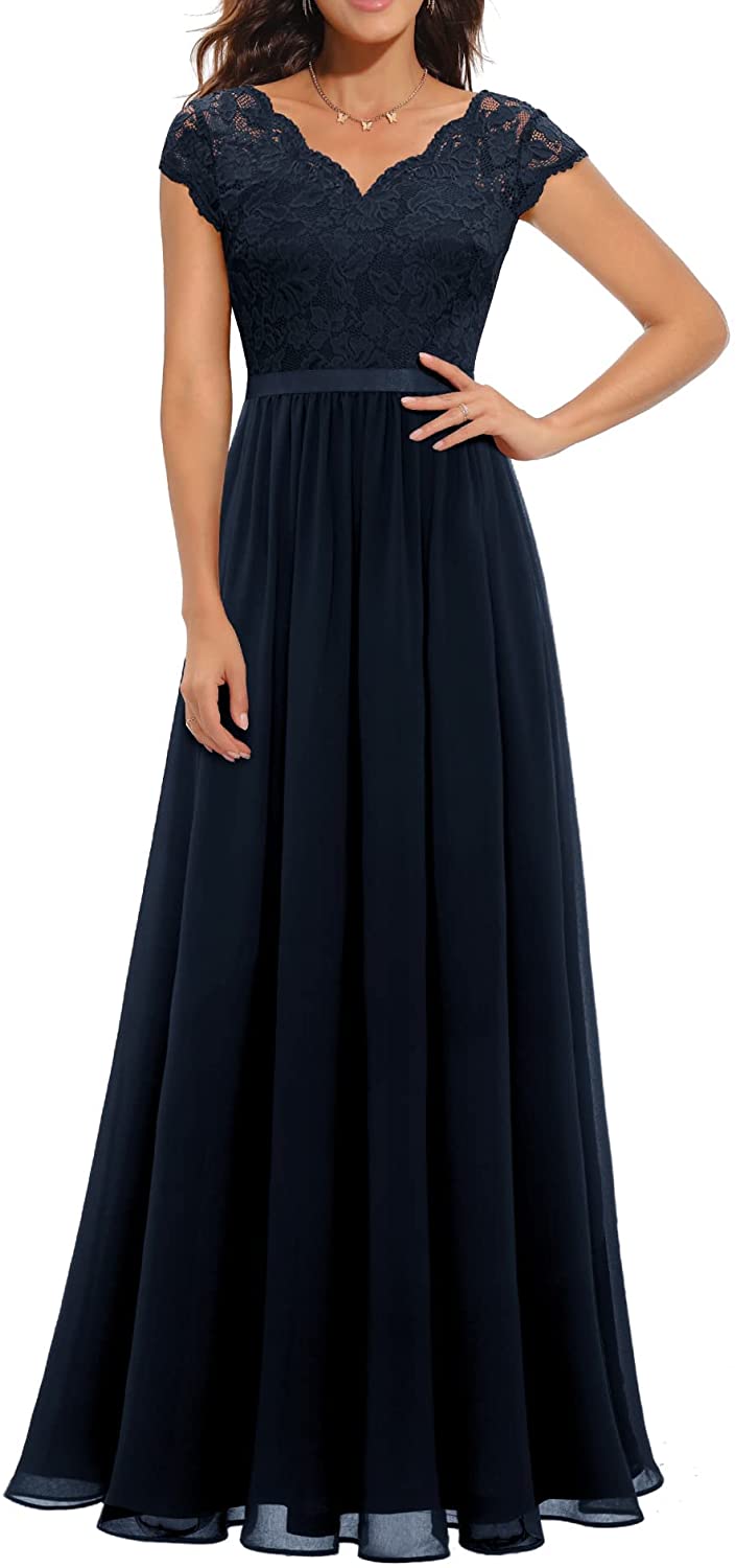 Women's Formal Floral Lace Maxi Dress Evening Party Elegant V-Neck Dresses for Wedding Guest