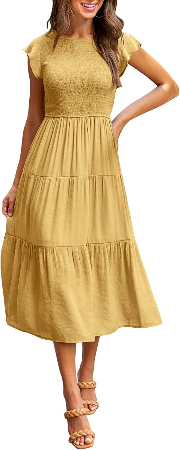 Women's Summer Casual Midi Maxi Dress Boho Flutter Sleeve Smocked A-Line Long Dress