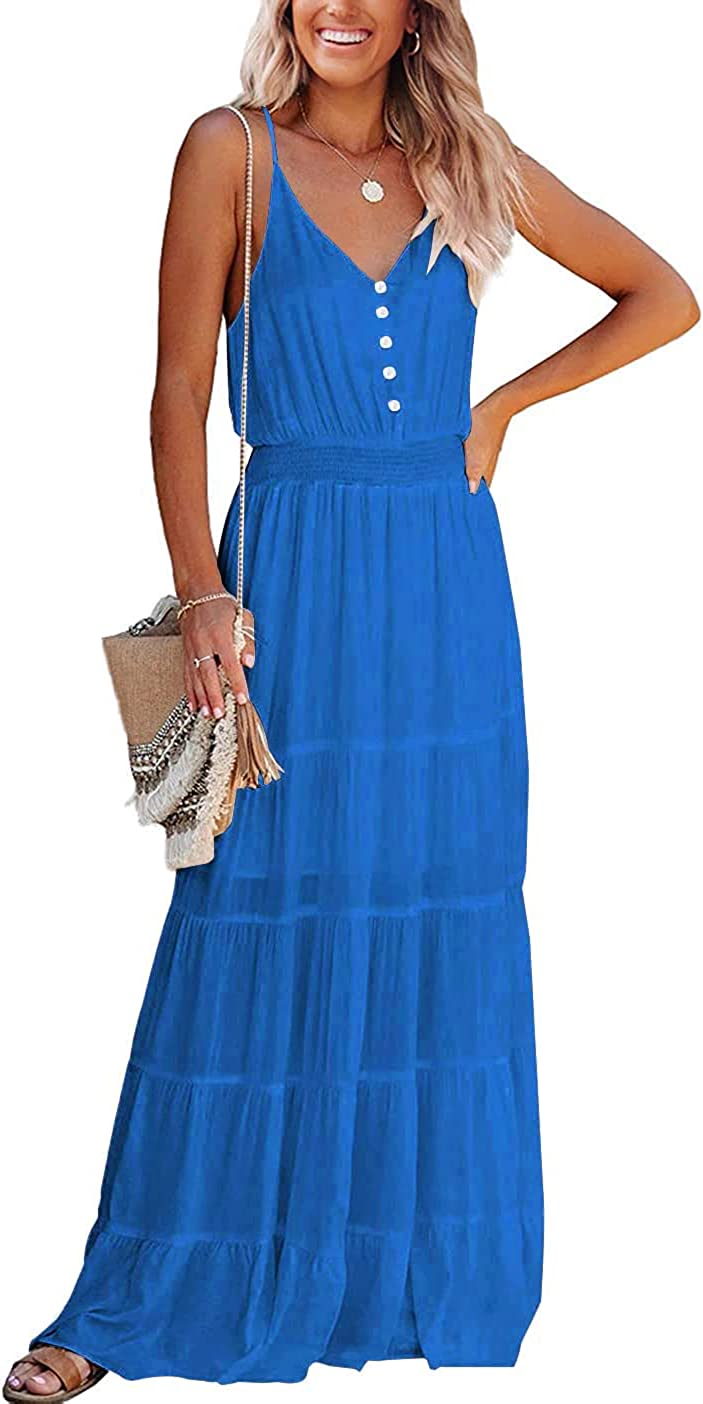 Women's Causal Summer Dress Spaghetti Strap Sleeveless High Waist Beach Long Maxi Dresses