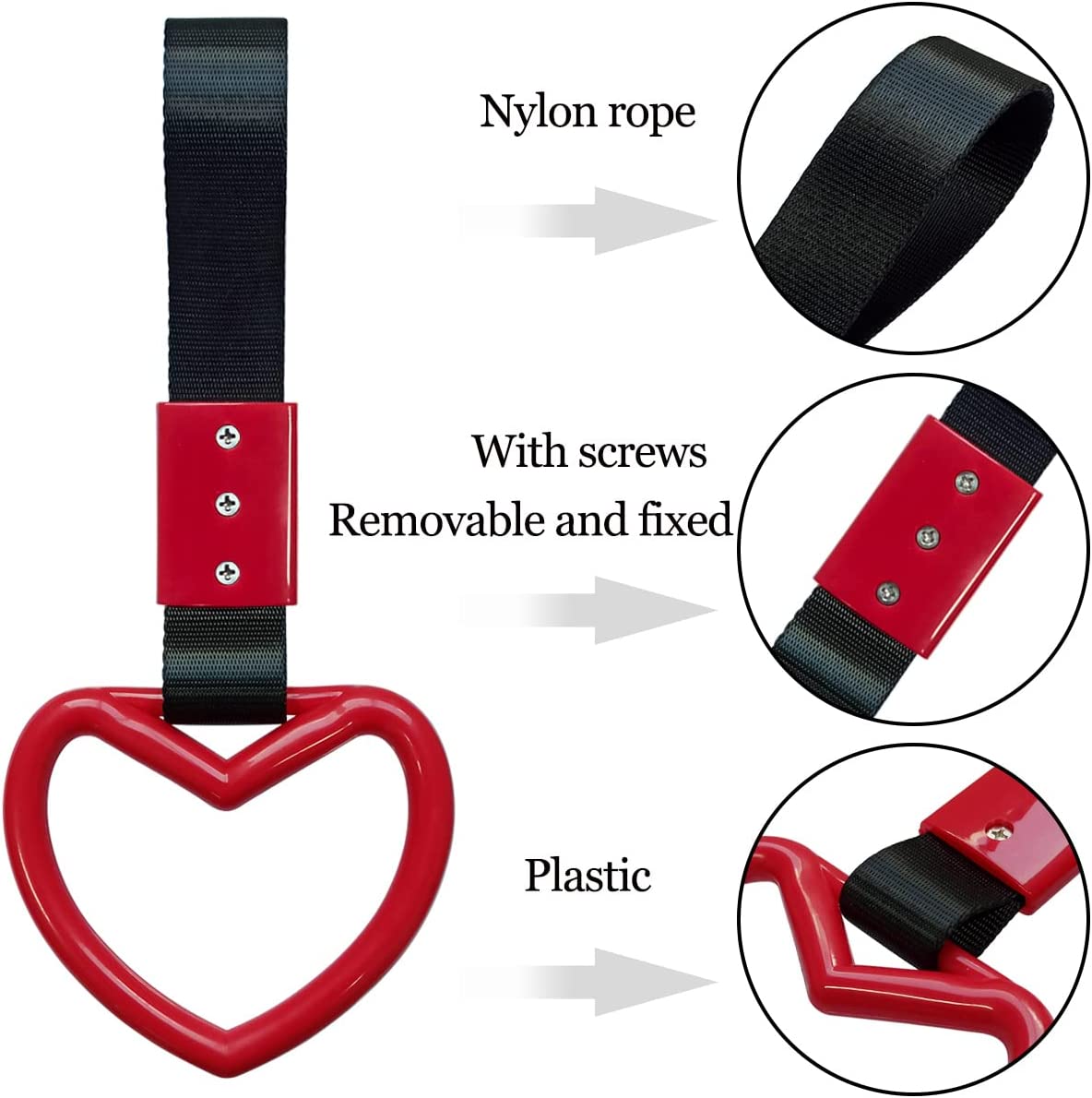 2 Pieces Heart-shaped Jdm Tsurikawa Rings SUV Bus Car Handle Straps Japanese Bosozoku Subway Ring for Car Warning and Interior Exterior Decoration (Red/Black)