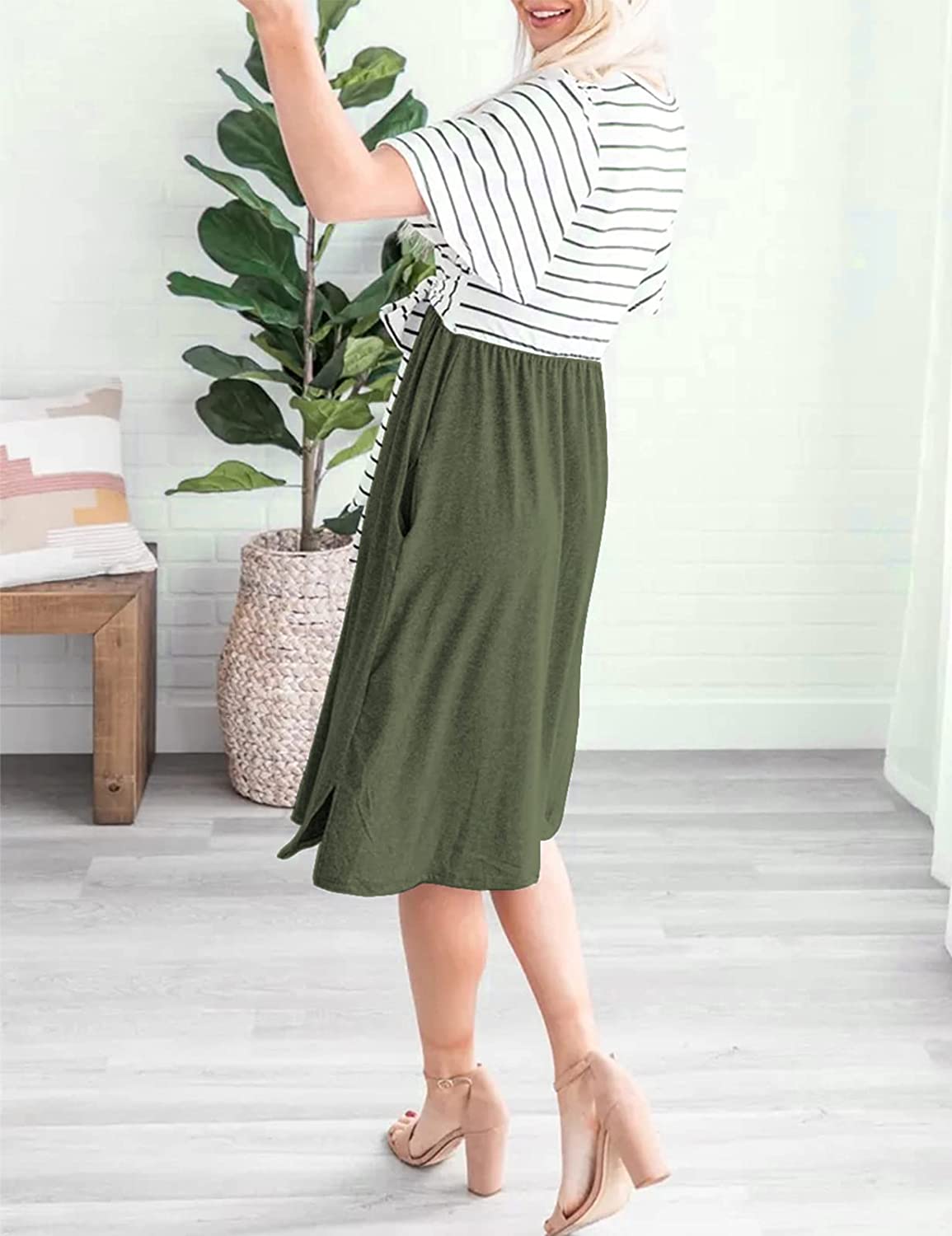 Women's Summer Striped Ruffle Sleeves Tie Waist Pockets Casual Swing Midi Dress