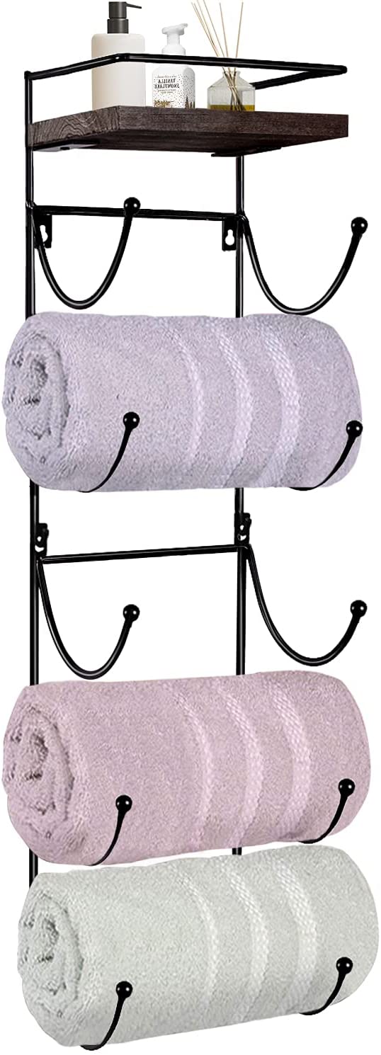 Towel Rack Wall Mounted with Top Shelf,Towel/Wine Rack Holder Organizer with 5 Compartments and Top Wooden Shelf for Bathroom Storage Bath Towels, 30.7" L x 7" W