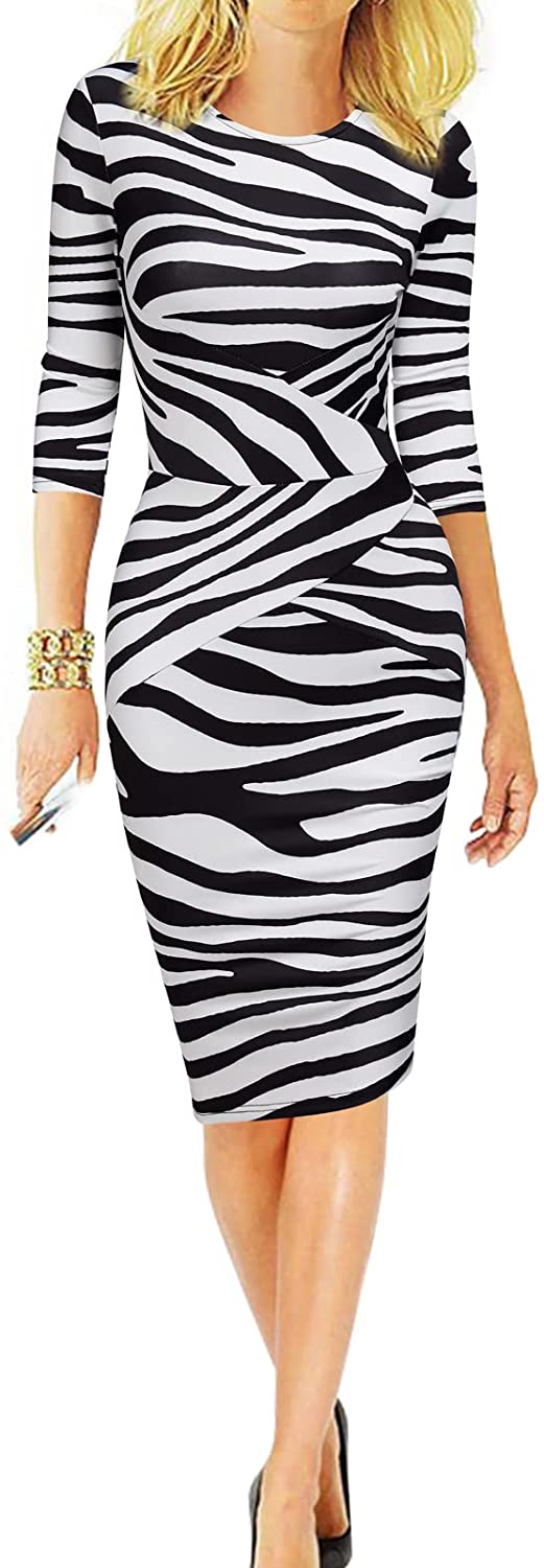 Women 3/4 Sleeve Striped Wear to Work Business Cocktail Pencil Dress