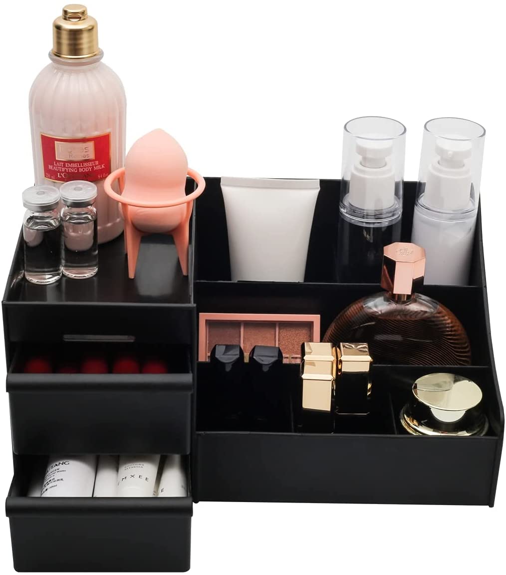 Makeup Desk Organizer with Drawers, Countertop Organizer for Cosmetics, Vanity Holder for Lipstick, Brushes, Lotions, Eyeshadow, Nail Polish and Jewelry (White)