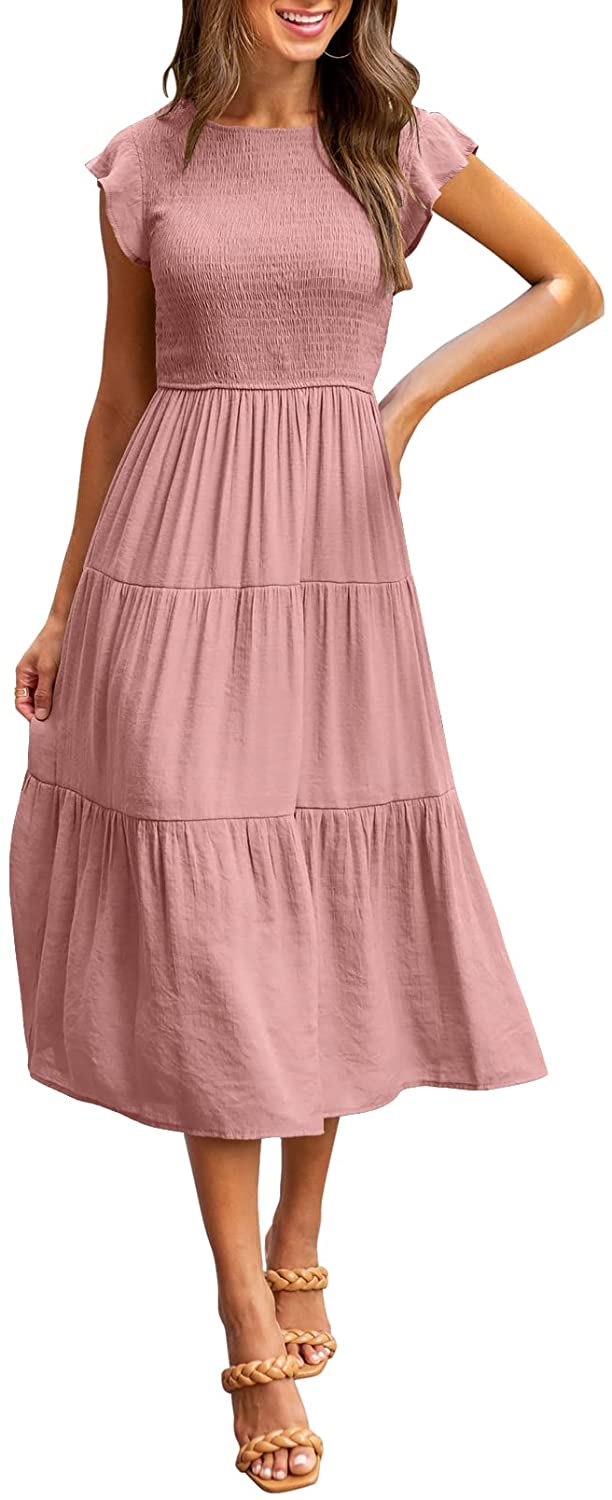 Women's Summer Casual Midi Maxi Dress Boho Flutter Sleeve Smocked A-Line Long Dress