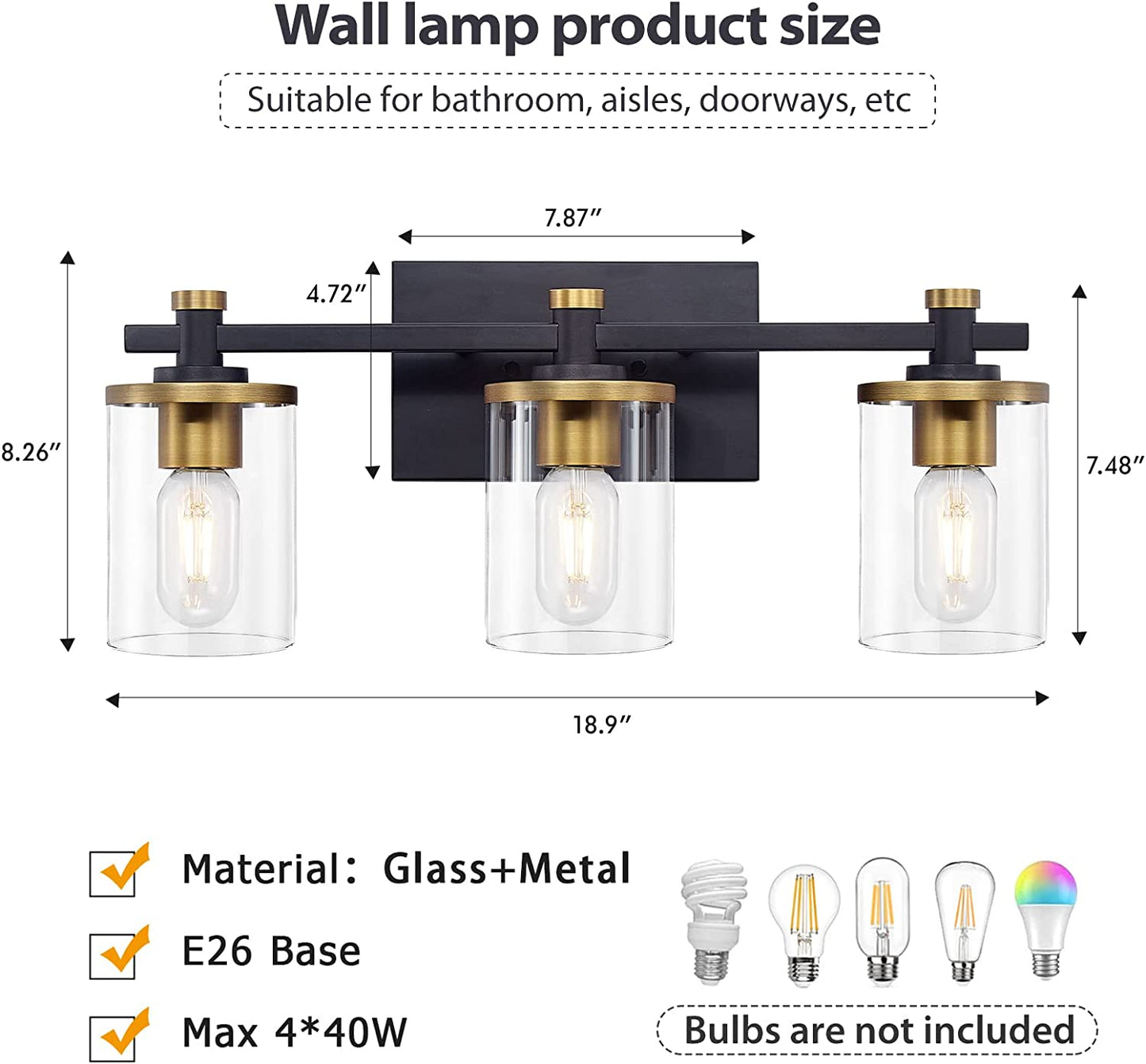 3 Light Bathroom Vanity Light Fixtures, Modern Black and Gold Vanity Lights Over Mirror, Vintage Wall Sconce with Clear Glass Shade, Brushed Gold Vanity Lights for Bathroom