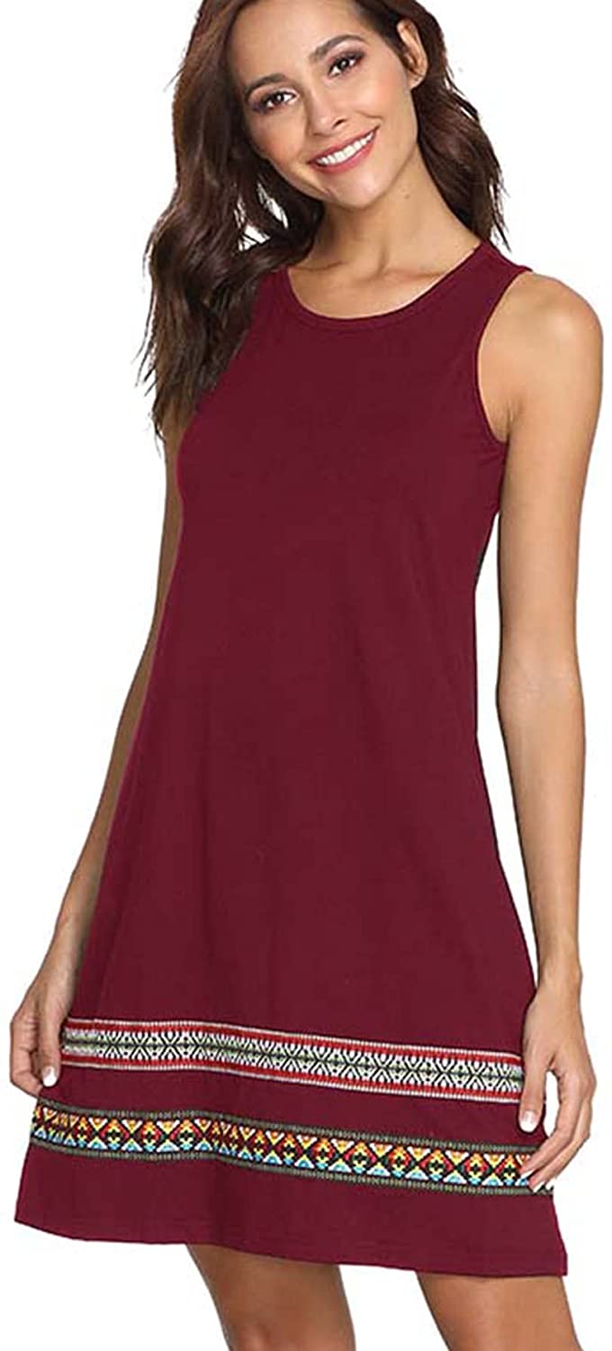 Women's Summer Boho Sleeveless Embroidered Hem Loose Casual Tank Dress