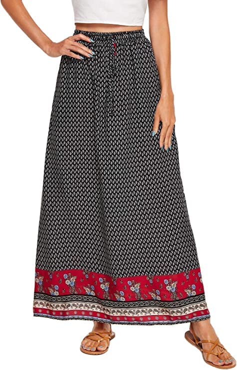 Women's Boho Vintage Print Pockets Side A Line Maxi Skirt