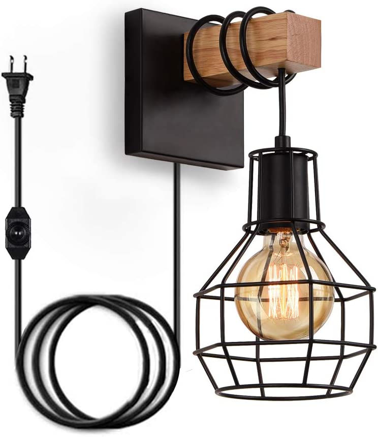 Lightess Black Wall Sconces with Dimmer ON/Off Switch, Vintage Cage Wall Mount Light Fixture Industrial Farmhouse Lighting for Living Room Kitchen, C71Y215