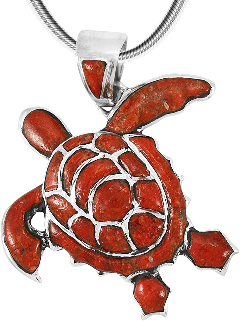 Turtle Pendant Necklace in Sterling Silver 925 & Genuine Gemstones