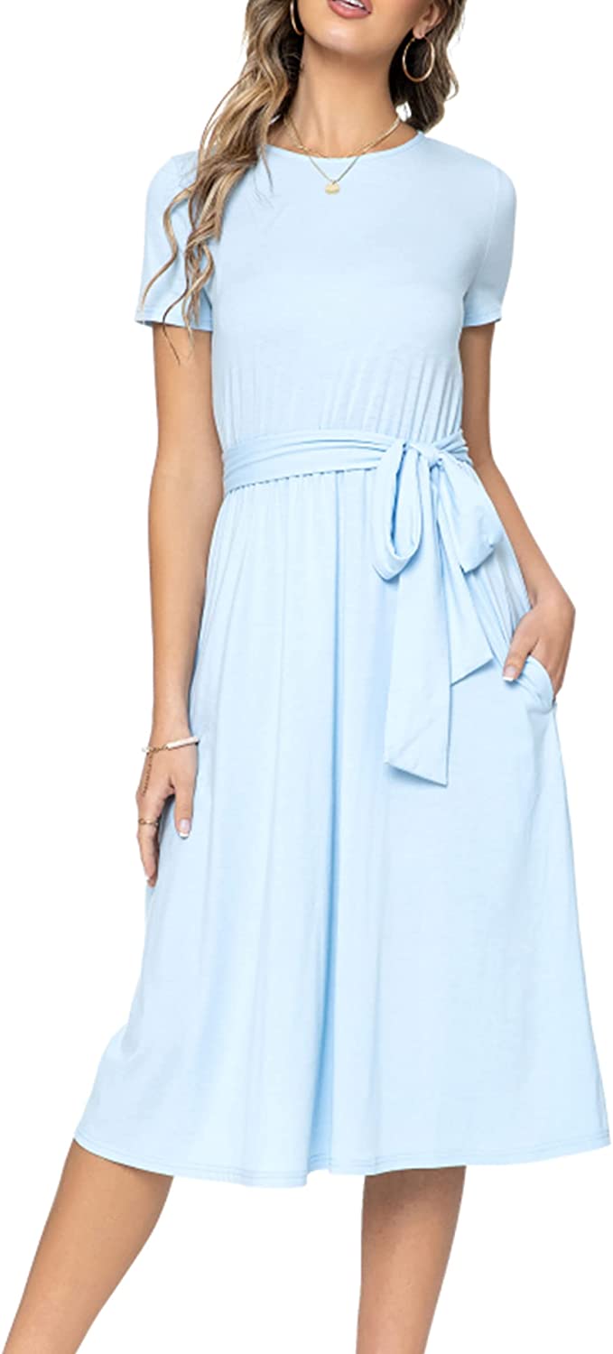 Women's Short Sleeve Striped Casual Flowy Midi Belt Dress with Pockets