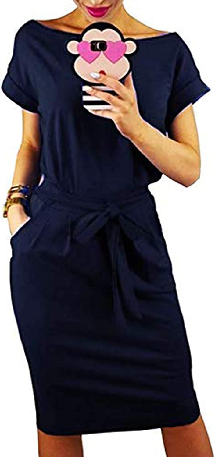Women's Elegant Short Sleeve Wear to Work Casual Pencil Dress with Belt …