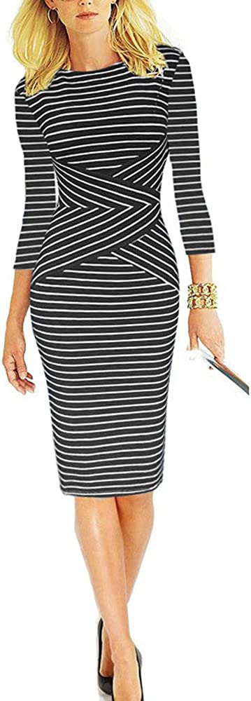 Women 3/4 Sleeve Striped Wear to Work Business Cocktail Pencil Dress