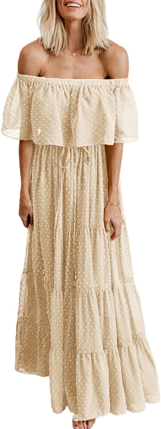 Womens Casual Floral Lace Swiss Dots Off The Shoulder Long Evening Dress Cocktail Party Maxi Wedding Dresses