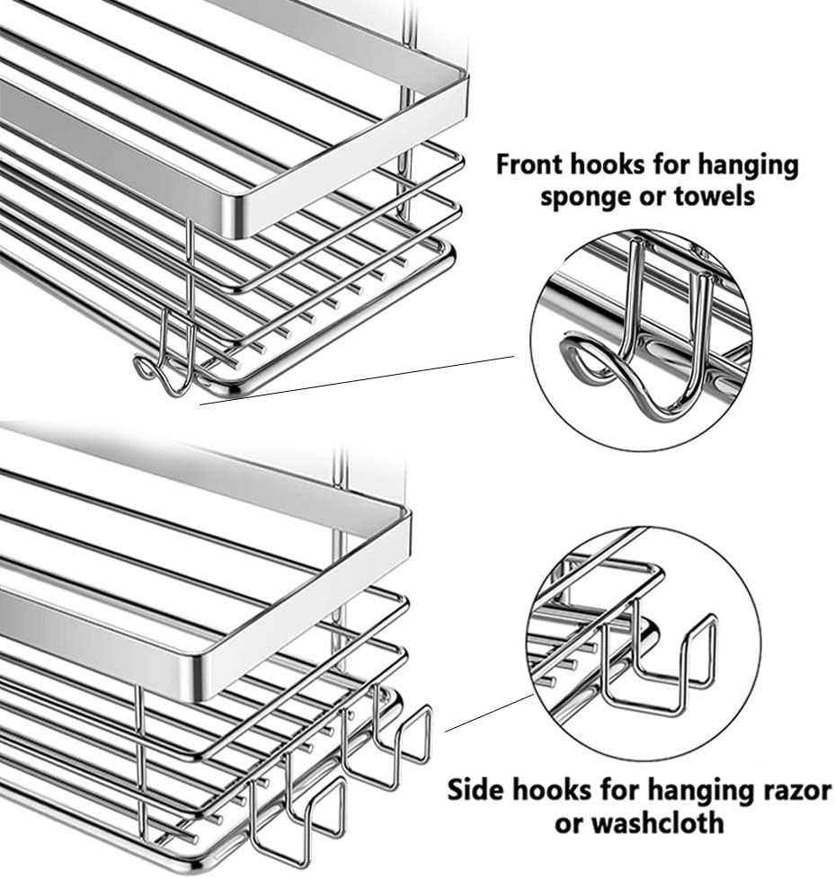 Shower Caddy with 5 Hooks Organizer for Hanging Razor and Sponge Bathroom Basket Adhesive Shower Shelf Storage Kitchen Rack Wall Mounted No Drilling Rustproof Stainless Steel - 2 Pack