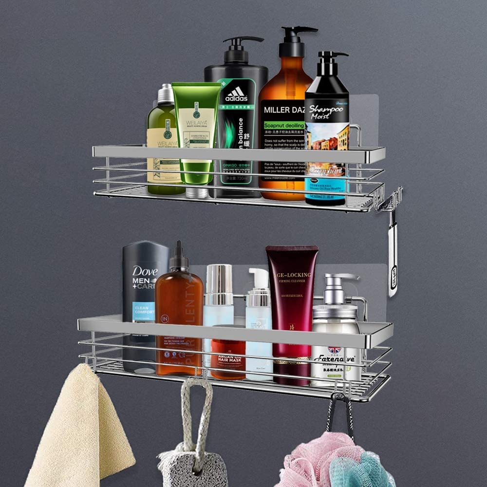 Shower Caddy with 5 Hooks Organizer for Hanging Razor and Sponge Bathroom Basket Adhesive Shower Shelf Storage Kitchen Rack Wall Mounted No Drilling Rustproof Stainless Steel - 2 Pack
