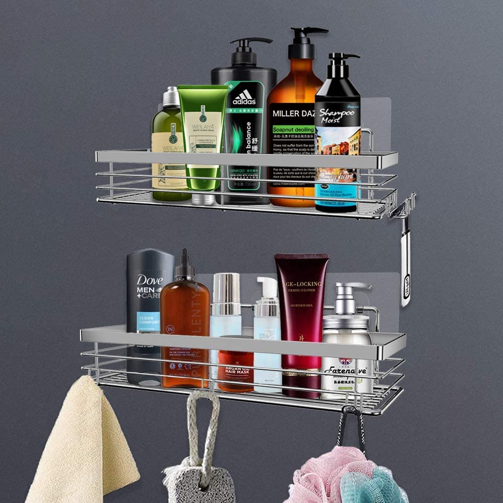 Orimade Shower Caddy with 5 Hooks Organizer for Hanging Razor and Sponge Bathroom Basket Adhesive Shower Shelf Storage Kitchen Rack Wall Mounted No Drilling Rustproof Stainless Steel - 2 Pack