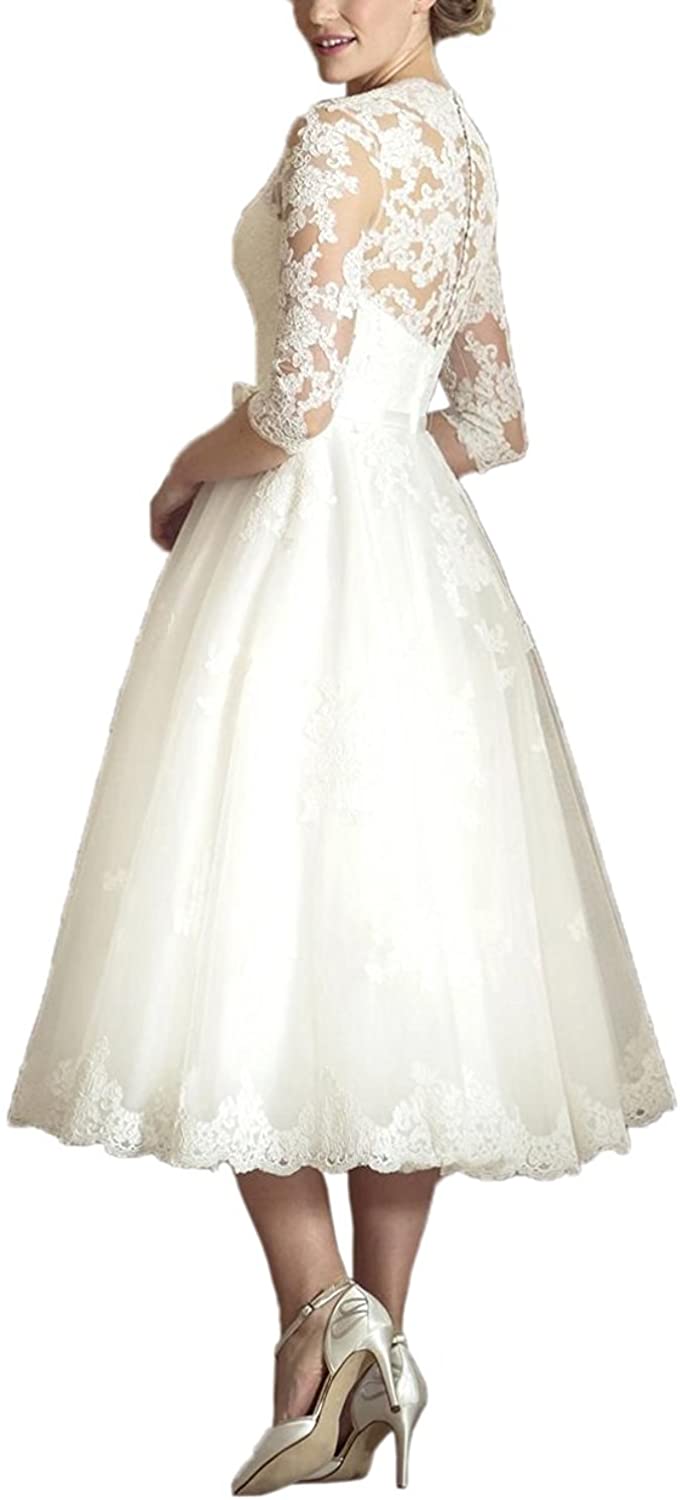 Women's V Neck Long Sleeves Tea Length Short Wedding Dress