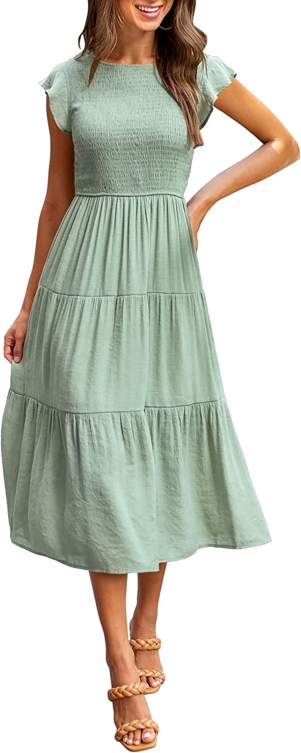 Women's Summer Casual Midi Maxi Dress Boho Flutter Sleeve Smocked A-Line Long Dress